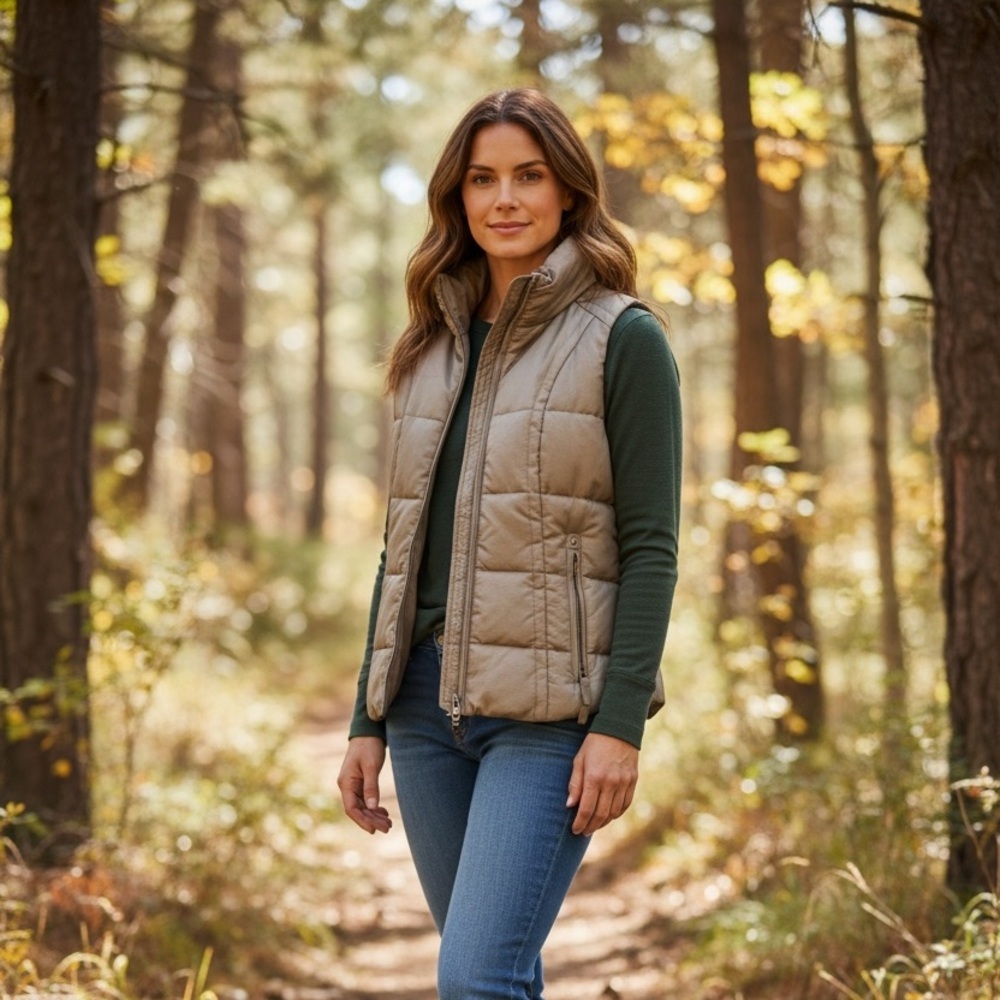 Eddie Bauer Goose Down Puffer Vest Women XS Tan Full Zip Lightweight Outdoor